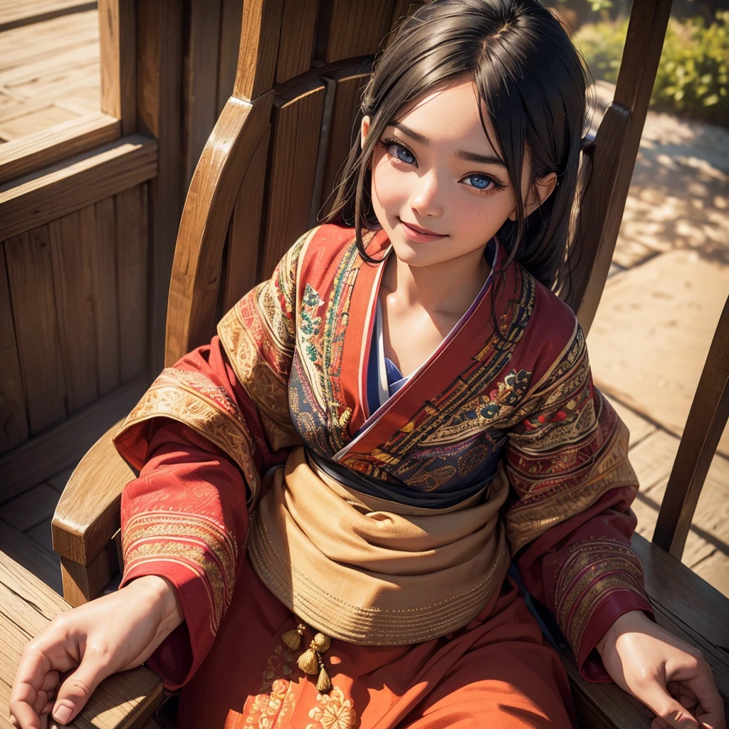 1girl,a young girl, 13 years old, sun-kissed skin, wearing a vibrant traditional ethnic costume with intricate embroidery, sitting on an old wooden chair, smiling, (best quality,4k,8k,highres,masterpiece:1.2),ultra-detailed,(realistic,photorealistic,photo-realistic:1.37),portrait,detailed face,beautiful detailed eyes,beautiful detailed lips,extremely detailed eyes and face,longeyelashes,warm lighting,vibrant colors,soft focus,detailed clothing,traditional culture