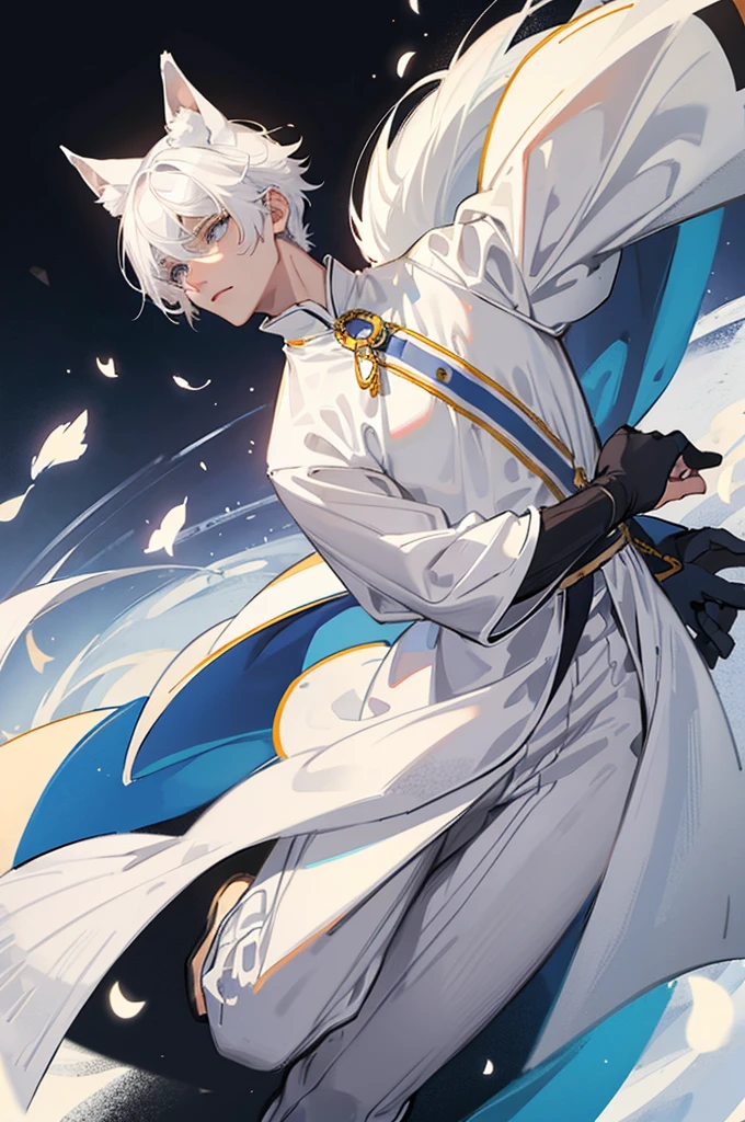 man, male, , white hair, short hair, grey eyes, white fox ears, white fox tail, medieval clothes, fantasy, thin, slender