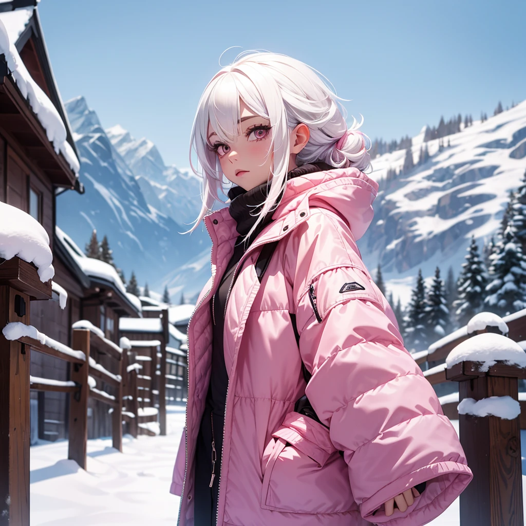 foreground, alone, beautiful girl with white hair with pink highlights and is dressed with winter clothes