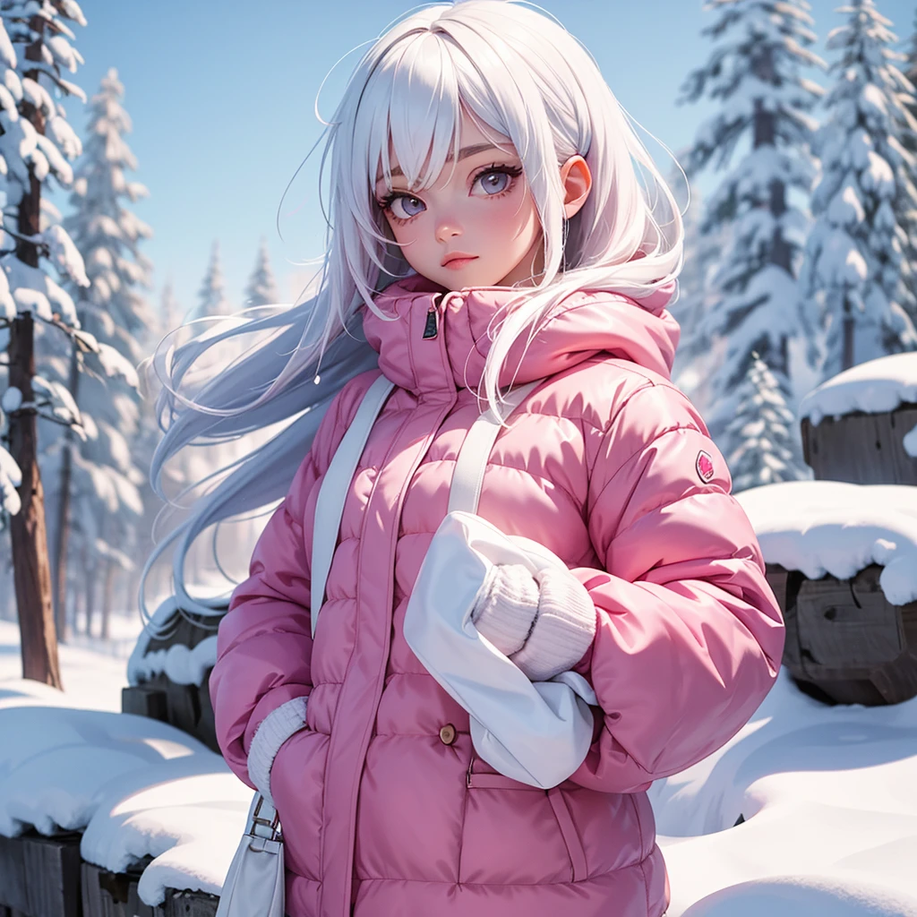 foreground, alone, beautiful girl with white hair with pink highlights and is dressed with winter clothes