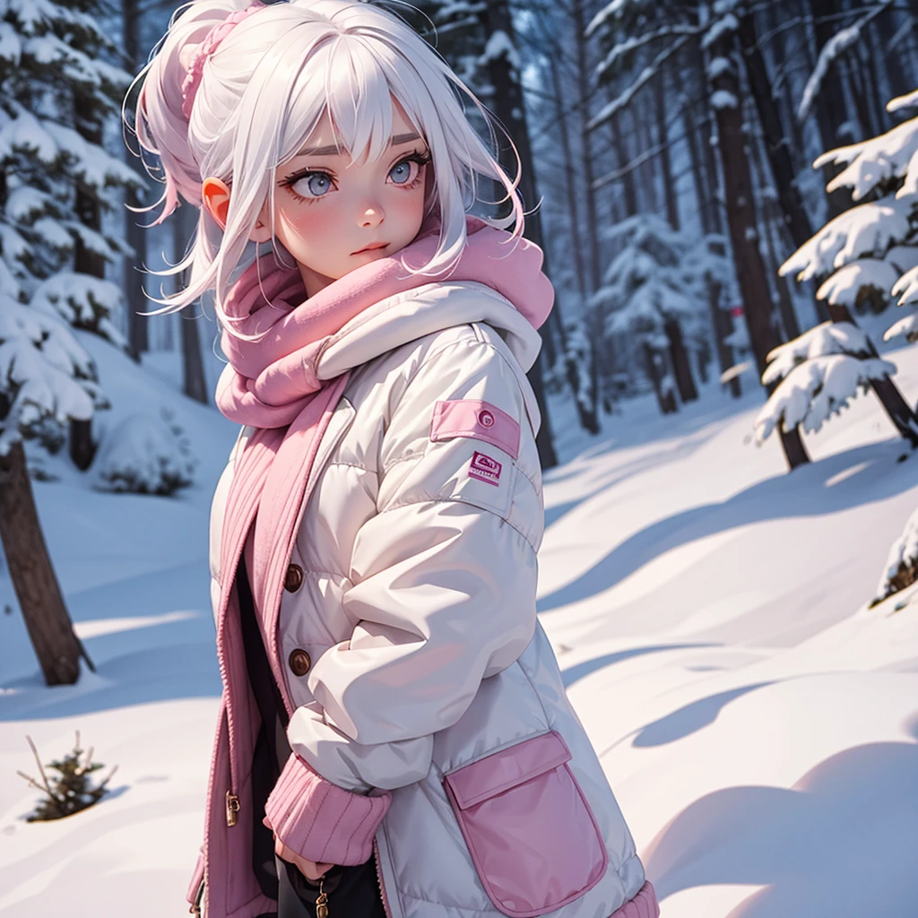 foreground, alone, beautiful girl with white hair with pink highlights and is dressed with winter clothes