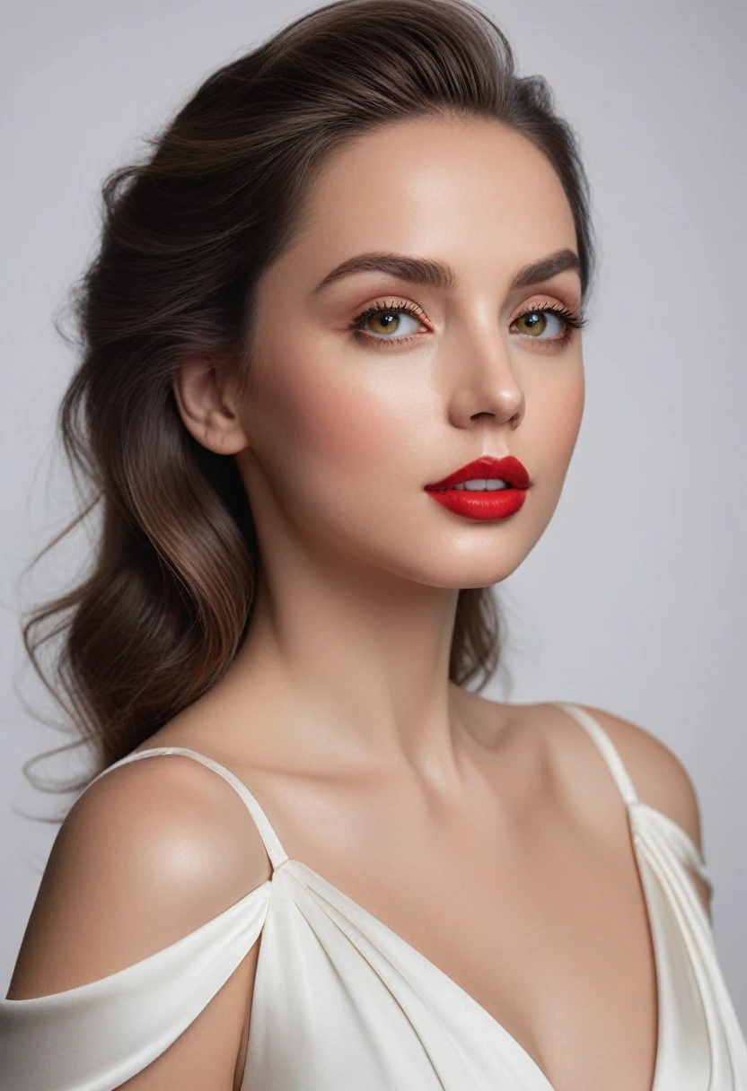 (best quality,4k,8k,highres,masterpiece:1.2),ultra-detailed,(realistic,photorealistic,photo-realistic:1.37),beautiful eyes,beautiful lips,detailed face,red lipstick,gorgeous woman,white dress,elegant fashion model,elegant look,long eyelashes,confident expression,flawless skin,posing gracefully,flowing fabric,soft and silky material,graceful movement,vibrant colors,artistic lighting,studio photo shoot, dreamy atmosphere