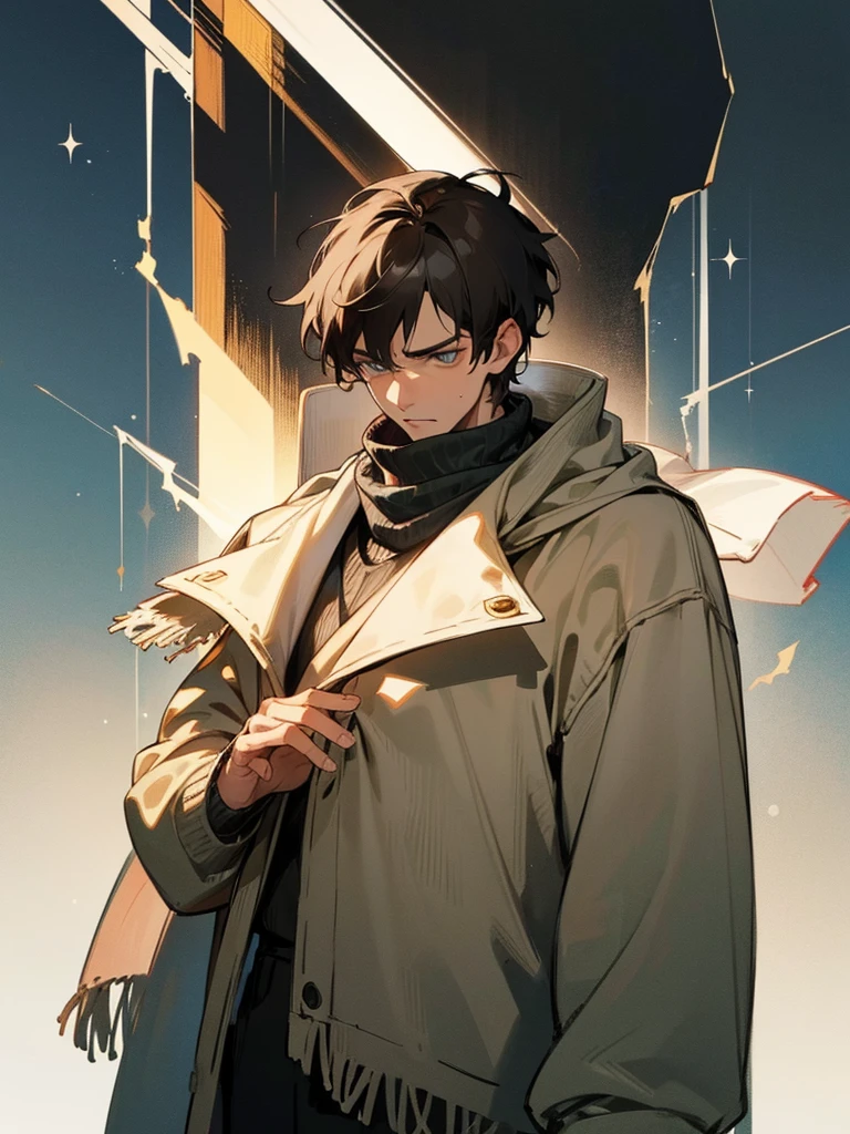 a fairly tall human,, man, dark hair , a bit, with a rough appearance, being strong, man, sweater, scarf, on a cold day, short hair