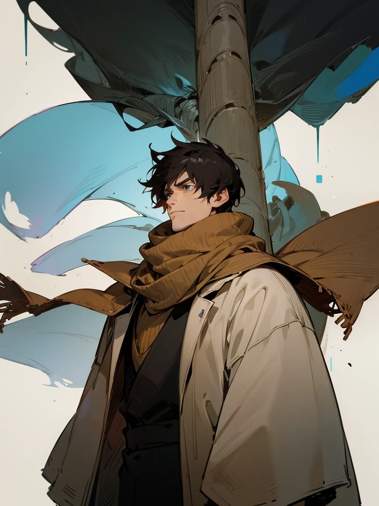 a fairly tall human,, man, dark hair , a bit, with a rough appearance, being strong, man, sweater, scarf, on a cold day, short hair