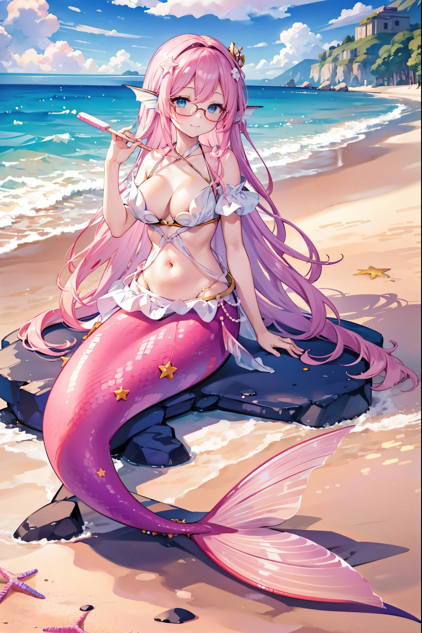 masterpiece, best quality,A girl,Pink Hair,Hair accessories,wear glasses,White Dress,blue eyes,Head fin,solo,Large Breasts,Mermaid,粉色的Mermaid尾巴,full-body shot,beach,Sea view,sit on the chair,Holding popsicles,charming face(Kawaii, charming,Soft),Smile,