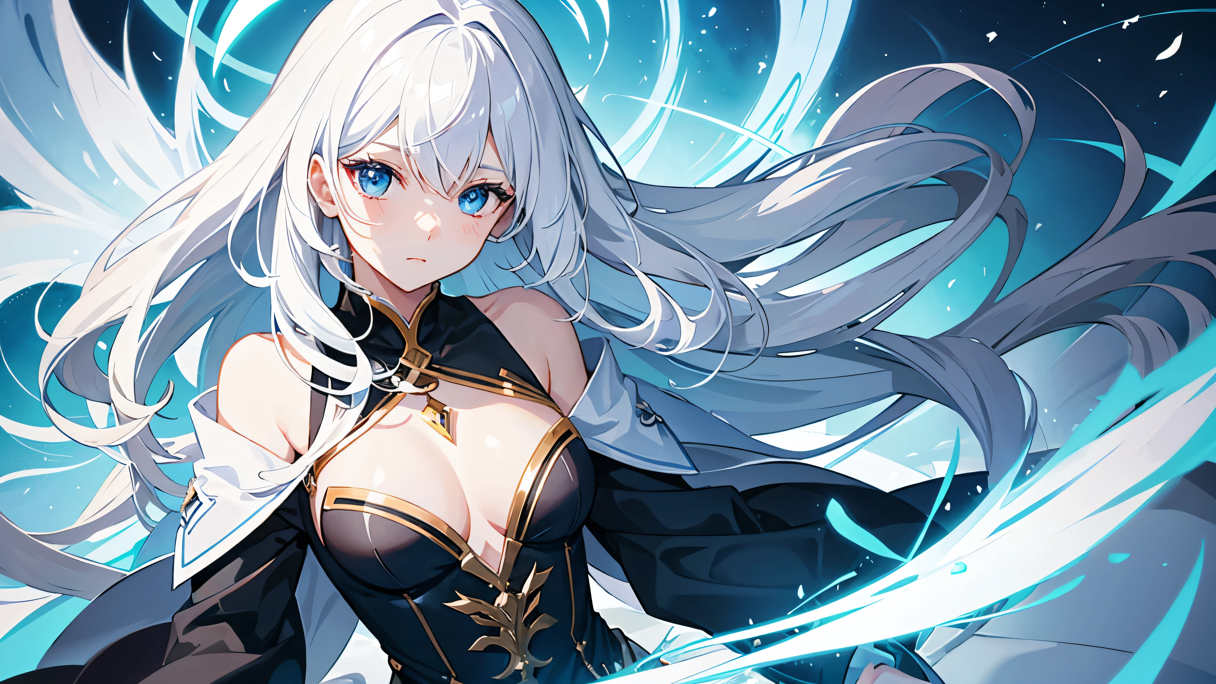 Create an illustration of an anime-style character with white hair and blue eyes。The character&#39;s eyes shine like jewels、He has a serious look on his face during the battle.。Her hair is medium length and stands up.、Dressed in black。There is a lightning bolt in the background.、It gives a dramatic and dynamic feel.。Character faces forward、He has a look of concentrated determination.。Draw only one person