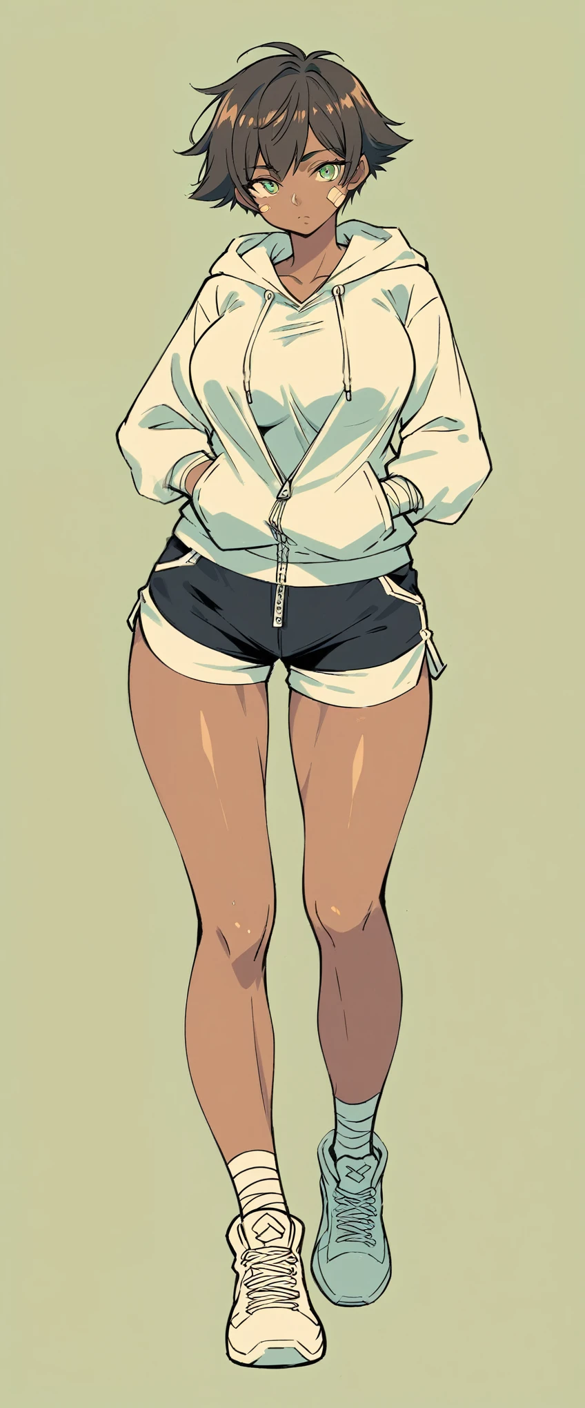 Arceus human female , Brown Skin ,big Breasts   , zip hoodie, Black short hair , shirt, Green eyes , Shorts  , Full body,Shoes ,Bandage , Concept ART 