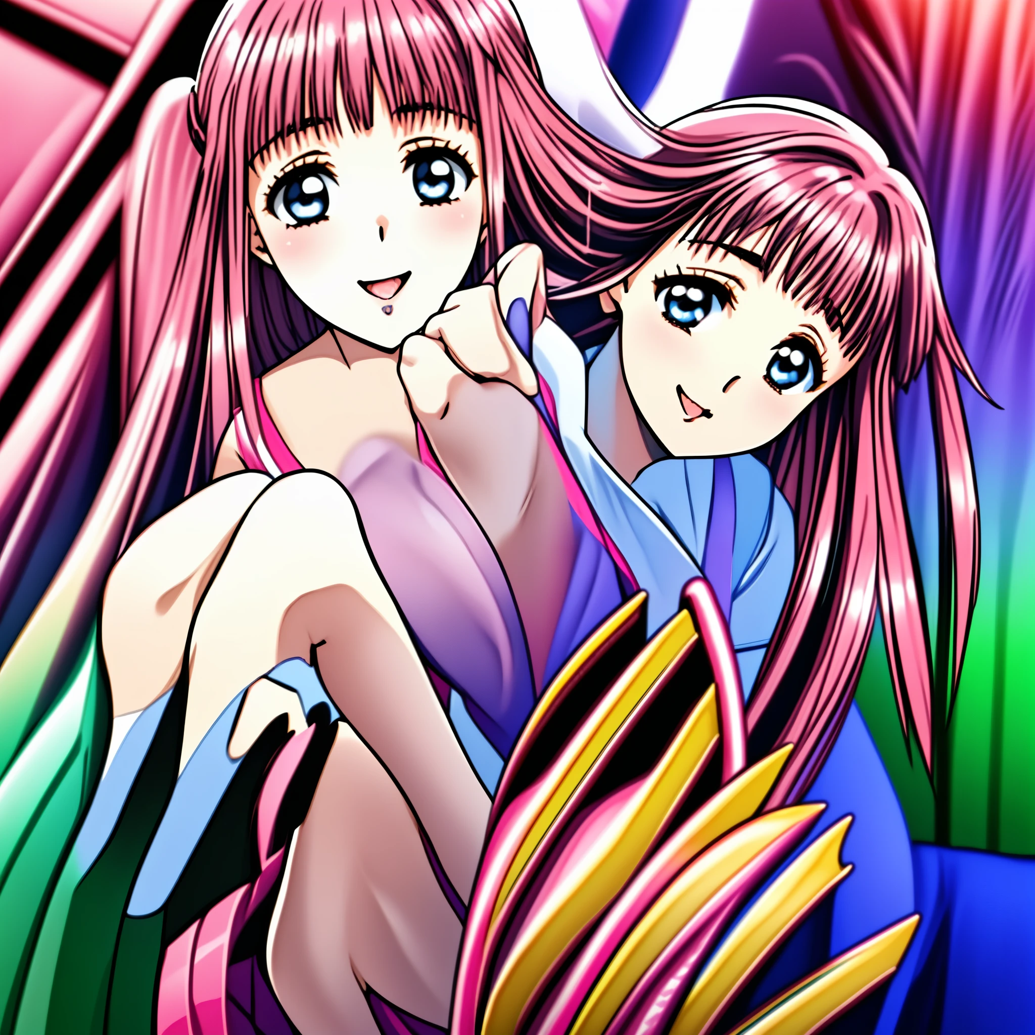 (highest quality, masterpiece:1.2), highest quality, High resolution, 1080P, 8k, (Very beautiful and delicately drawn high-resolution anime CG: 1.5), (Four beautiful girl anime heroine, A very neat, very noble, pretty, pure girls are laying on a pink princess's bed and eating a transparent person on a pink bed at a time as succubus: 1.4), (sharp thin lines: 1.2), Glossy lips, Evenly cut curled bangs, (beautiful blue eyes with detailed: 1.3), (Very beautiful and very super-long flowing pink long hair: 1.2), (Noble pink gorgeous school vest uniform, pink gorgeous pleated noble skirt, white neat blouse: 1.8), (Yellow cute school ribbon on her chest), (Yellow hair ribbon clip: 1.0), (Giggling: 1.0), (Mouth is laughing and wide open as a game heroine: 1.0), (A beautiful body like a model), (Walking with a brown leather school bag, turning around), (long cute eyelashes: 1.4), ((thin droopy eyebrows: 1.4)), (giggling and calling me to invite me to her extreme happiness with her mouth widely open!: 1.6), (showing her very long tongue: 1.6), (laughing shy cheeks and lips, as if watching a comedy: 1.5), ((Very super long wavy hair is too much beautiful: 1.0)), (Tilting her head shyly: 1.2), (Too beautiful women to stop falling into her, makes me crazy: 1.6), (She is in fact succubi and calling me with strong religious temptation, drops me into craziness: 1.2), (showing her palm to invite me: 1.2)