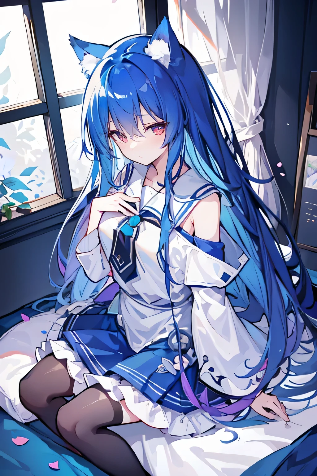 (masterpiece:1.2),Super detailed,lifelike,Expressive eyes,fair skin,perfect face shape,1 girl,
Japanese comics,Gorgeous blue hair,flowing blue hair,flowing clothes,Cat ears,Petals fall,beautiful lola,Baby Angel,
Broken hair curtain,A faint smile,Black and white sailor school uniform,cropped shoulder,Super good figure,Color hairpin,Put your hands on your chest,Raise your head slightly,Short skirt,Black stockings,sitting on window sill drinking coffee and looking out the window。