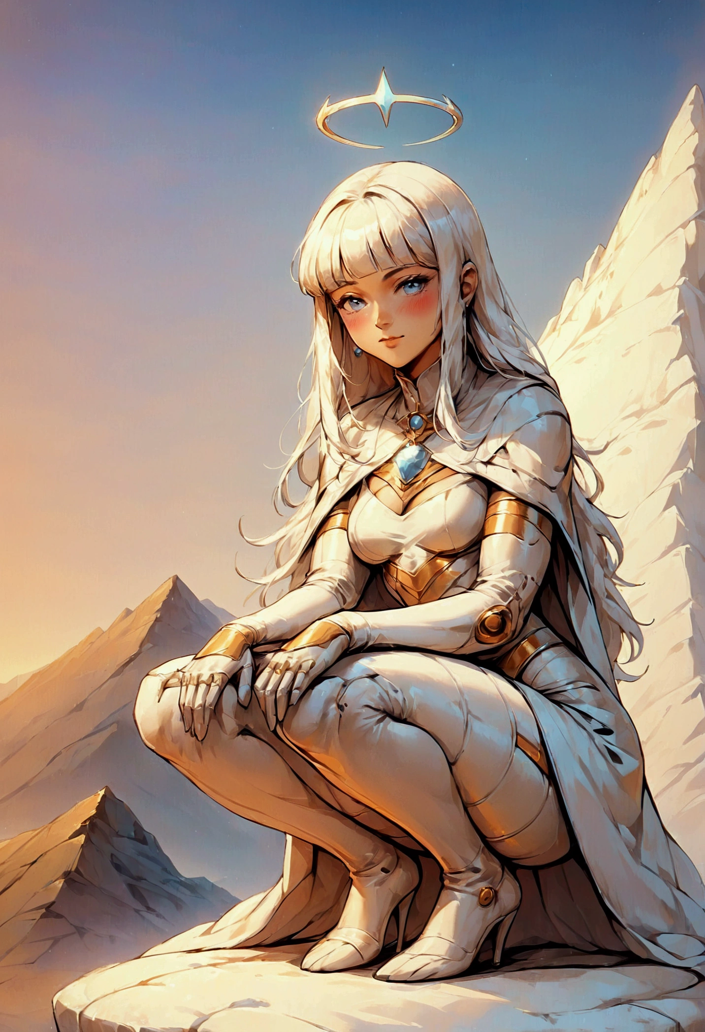 (score_9, score_8_up, score_7_up), zPDXL, 1 girl, alone, looking at viewer, crouching, hands on knees, white cat, mountain background, white hair, blue eyes, full body, long hair, white dress, bright white hair, white halo of light, halo, metallic pendant, blushing cheeks, white cat, mountain with a bit of snow, beautiful girl crouching with a halo of light, retro style, white cape, blunt bangs, white aura,