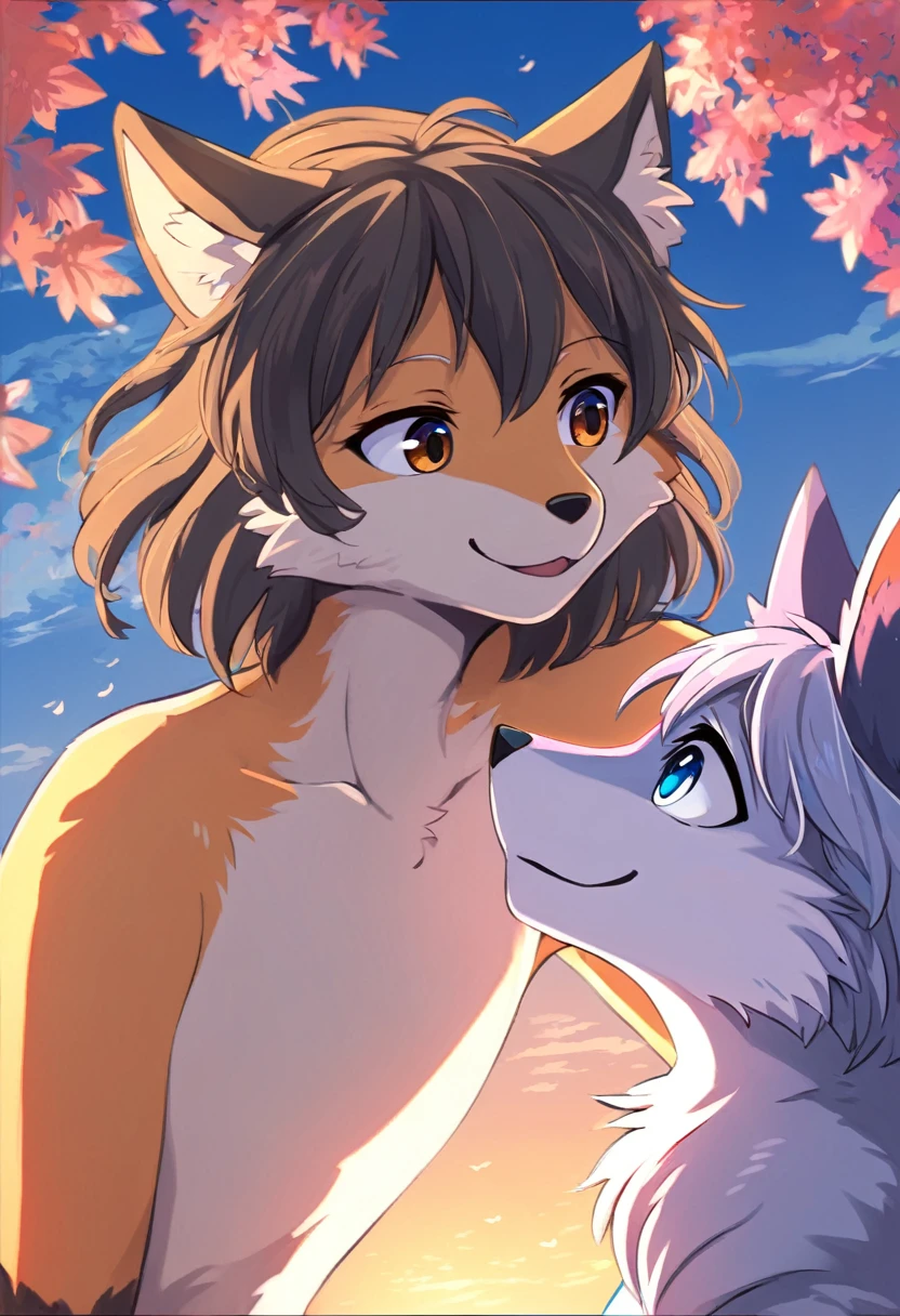 Anime series, your name, a fox with hair and a cat looking at each other, smiling, intense emotions, artistic portrait style, contrasting colors, beautiful eyes