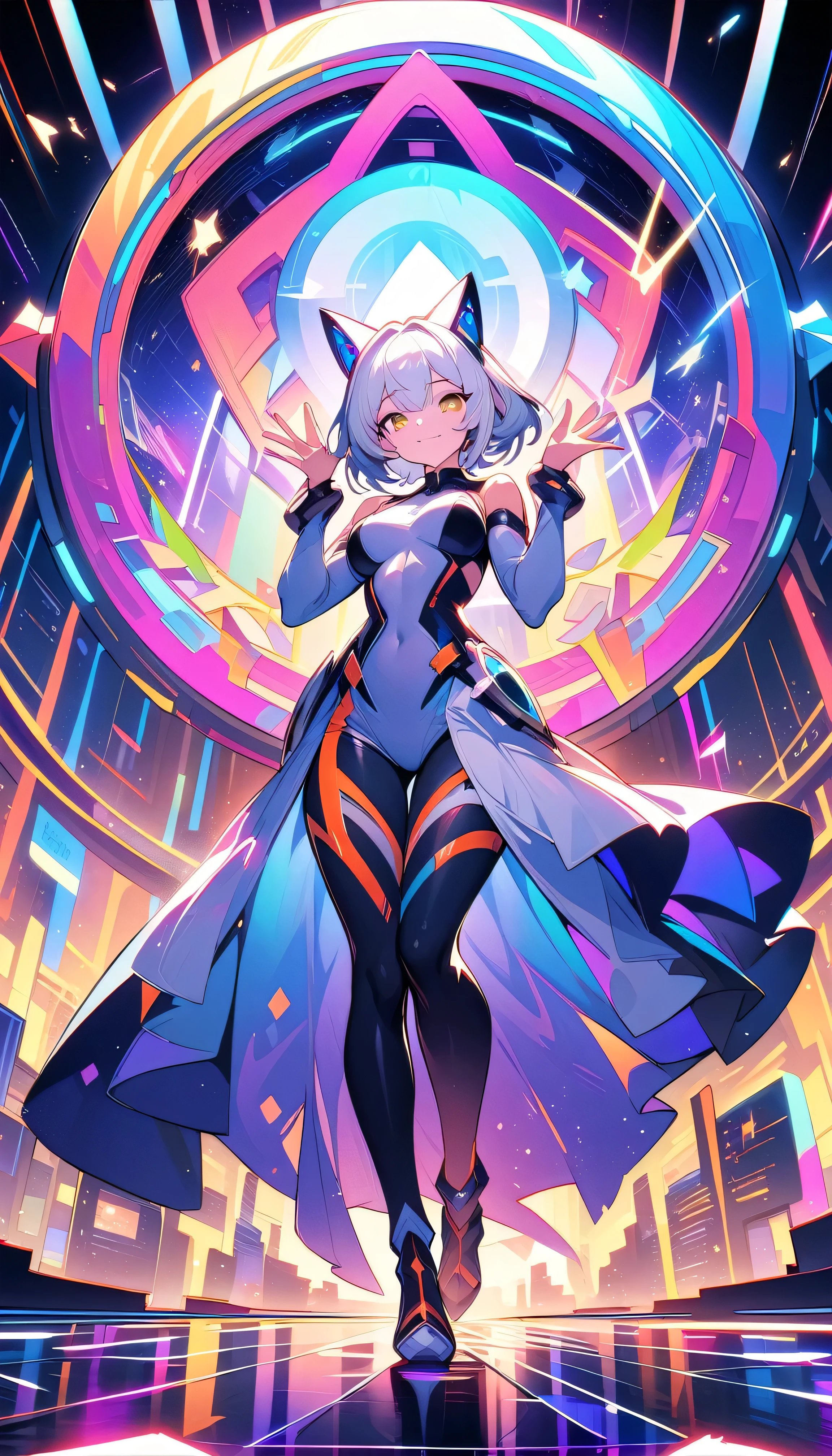 ((best quality)) , ((masterpiece)) , (detailed),A full body illustration of an American female character in the style of Hearthstone card art, dancing on a disco dancefloor with a big glittering mirror ball overhead. She wears purple and gold and has white hair. Her hands are up as if to talk to someone, with a happy expression. The background is colorful with vibrant colors and high contrast. It is a low angle shot with a wide lens. , futuristic style. sleek, modern, ultramodern, high tech, detailed