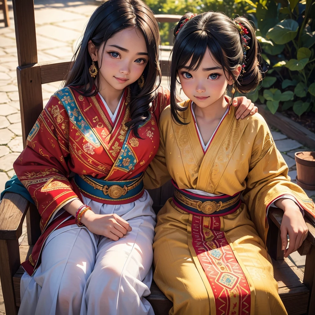 1girl, 13 year old girl, sun-kissed skin, vibrant traditional ethnic costume with intricate embroidery, sitting on old wooden chair, embroidering, smiling, (best quality,4k,8k,highres,masterpiece:1.2),ultra-detailed,(realistic,photorealistic,photo-realistic:1.37),portrait,detailed face,beautiful detailed eyes,beautiful detailed lips,extremely detailed eyes and face,longeyelashes,warm lighting,vibrant colors,soft focus,detailed clothing,traditional culture