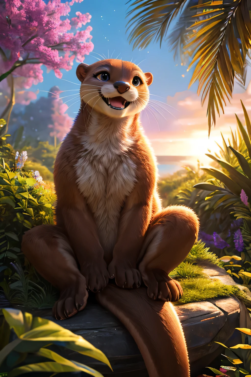 a cute female otter with fluffy detailed fur, cyberware enhancements, sitting, spread legs, smiling happily, summer scene, highly detailed, 8k, photorealistic, masterpiece, realistic, hyper detailed, intricate details, vibrant colors, cinematic lighting, dynamic composition, natural environment, organic textures, advanced technology, striking pose, cheerful expression