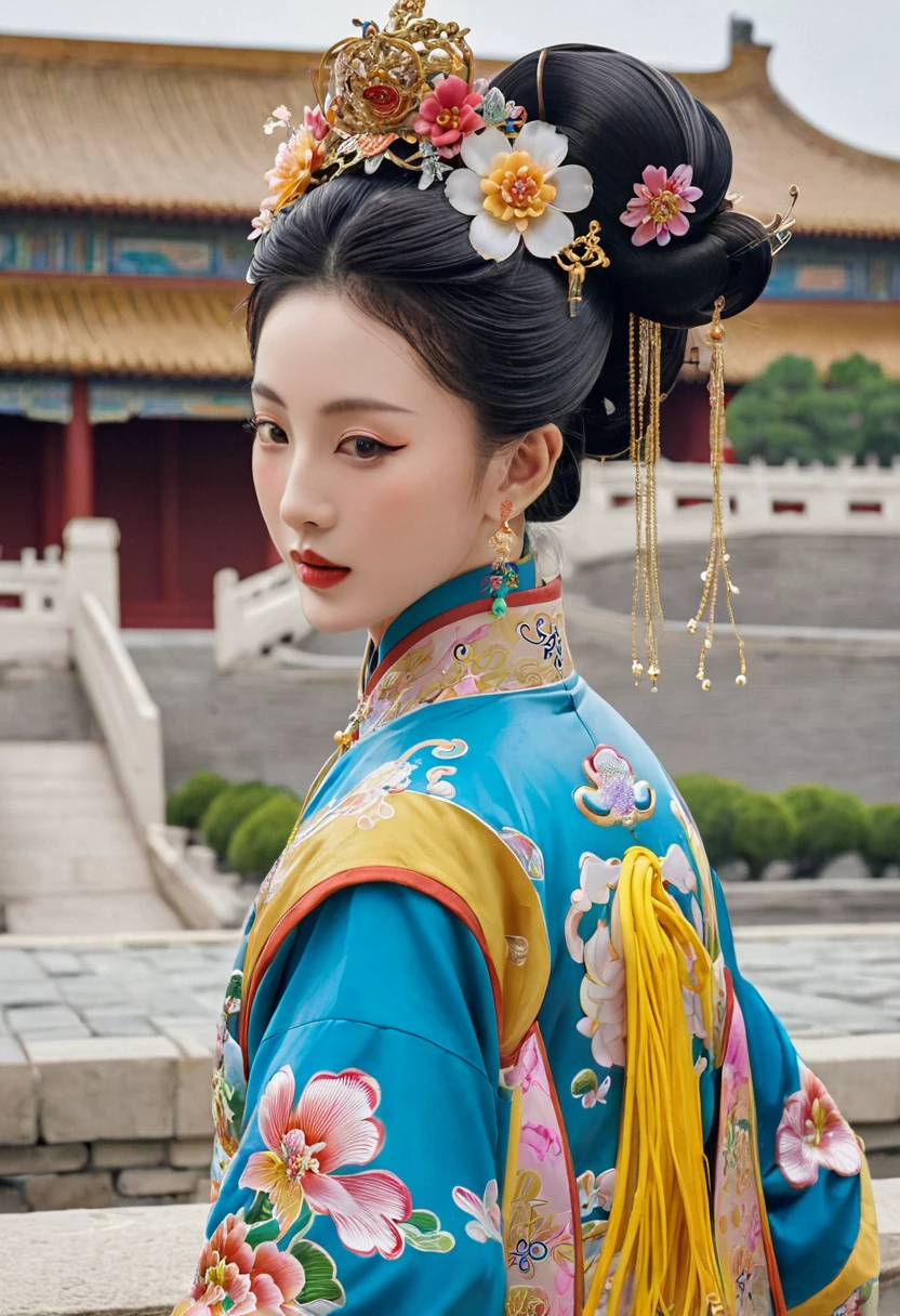 The image of a Qing Dynasty Empress with her bare buttocks visible. The background is the stone paving outside a Chinese palace during the Qing Dynasty. Only her large buttocks are sticking out. She is either wearing underwear or not. Her protruding buttocks are floating up in the air.
Her hair is decorated with a large flower ornament and a large crown.
The back of the hair is tied up and up. Erotic Woman
