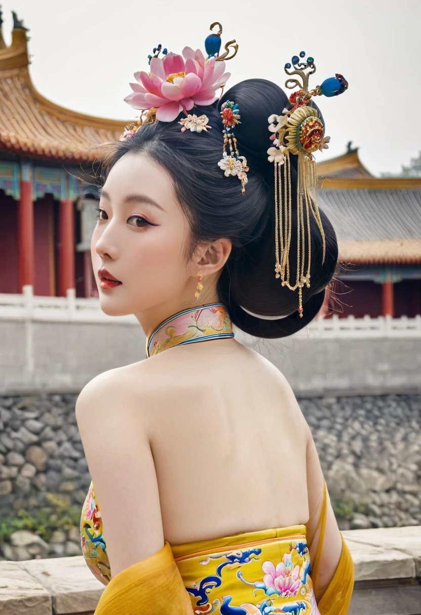 
The image of a Qing Dynasty Empress with her bare buttocks visible. The background is the stone paving outside a Chinese palace during the Qing Dynasty. Only her large buttocks are sticking out. She is either wearing underwear or not. Her protruding buttocks are floating up in the air.　　　　　　　　　　　　　　　　　　　　　　　　　　　　　　
Her hair is decorated with a large flower ornament and a large crown.　
The back of the hair is tied up and up.　Erotic Woman