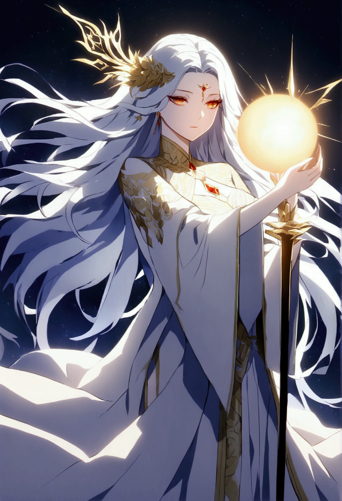 A majestic and ethereal female figure standing in a celestial realm, embodying the essence of a False God. She exudes an aura of deceptive beauty and overwhelming power. Her appearance is divine yet subtly unsettling, with an alluring elegance that hides her chaotic and malevolent nature. She wears flowing robes adorned with intricate golden patterns, glowing faintly against the backdrop of a dark, starry sky. Her skin is porcelain white, with shimmering accents of red and gold. Her eyes are piercing, with an intense, otherworldly glow, reflecting her god-like status. She holds a radiant staff or orb, pulsing with corrupt energy, as if she commands the forces of the universe. Around her, faint illusions of paradise and hidden terrors blend seamlessly, hinting at her deceptive nature. The color palette should focus on black, white, red, and gold, with a contrast between light and dark elements to emphasize her dual nature as both a goddess and a deceiver. The environment should be a blend of cosmic and divine architecture, with floating structures and celestial bodies orbiting around her, enhancing her aura of false divinity.