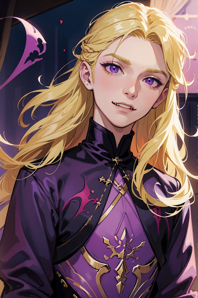 man, male, blonde hair, long hair, purple eyes, fangs, fantasy wear, vampire,