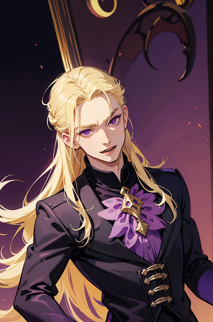 man, male, blonde hair, long hair, purple eyes, fangs, fantasy wear, vampire,