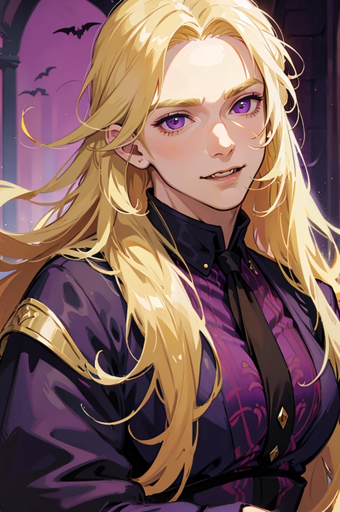 man, male, blonde hair, long hair, purple eyes, fangs, fantasy wear, vampire,