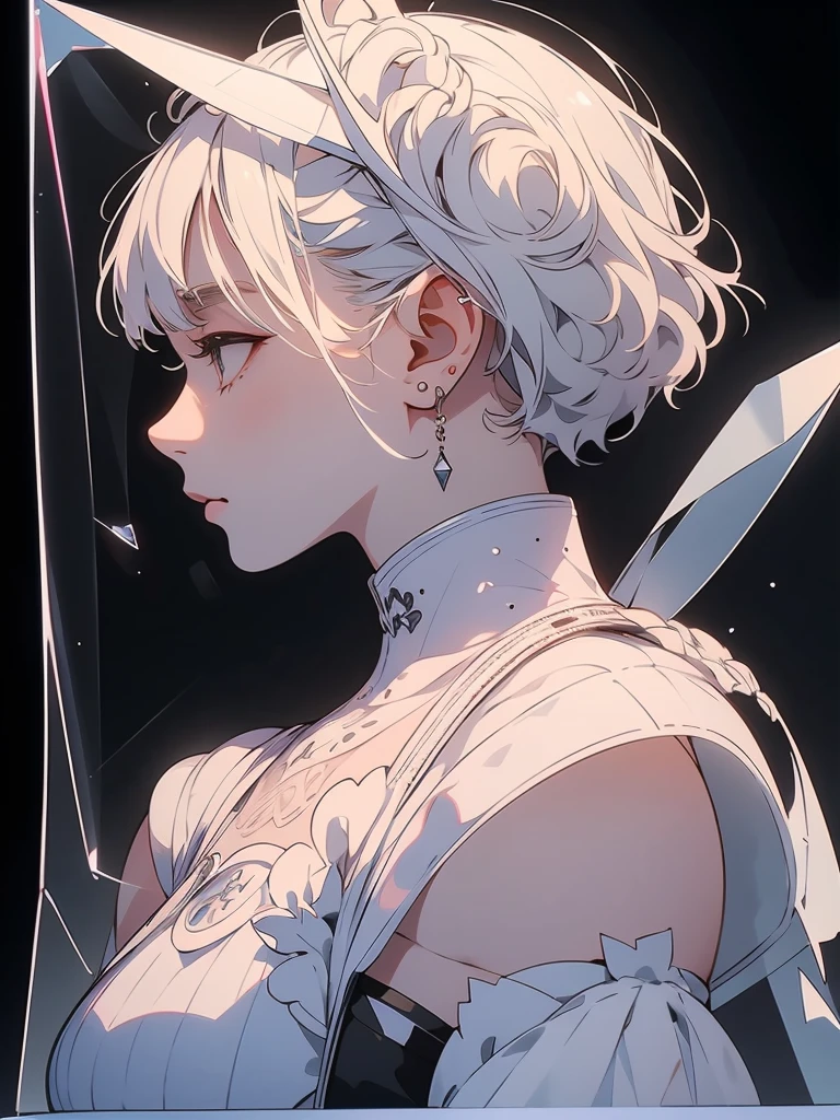 Highest quality,The perfect masterpiece,Perfect artwork,Official Works,8K,, (Upper Body Portrait:1.3),((Seen from the side:1.5)),close-up lens,Delicate face,, 17 years old,White-haired girl,(hakuhatsu:1.5),short and medium hair,((White transparent eyes:1.5)),(white dress:1.2),(Transparent clothing:1.2),(Black background:1.3),, pearl illusion,Cyberpunk,fashion trend,3s material,high-definition,detail representation,c4d,3D,octane rendering,ray tracing,complex details,animated lighting,OCrenderer,