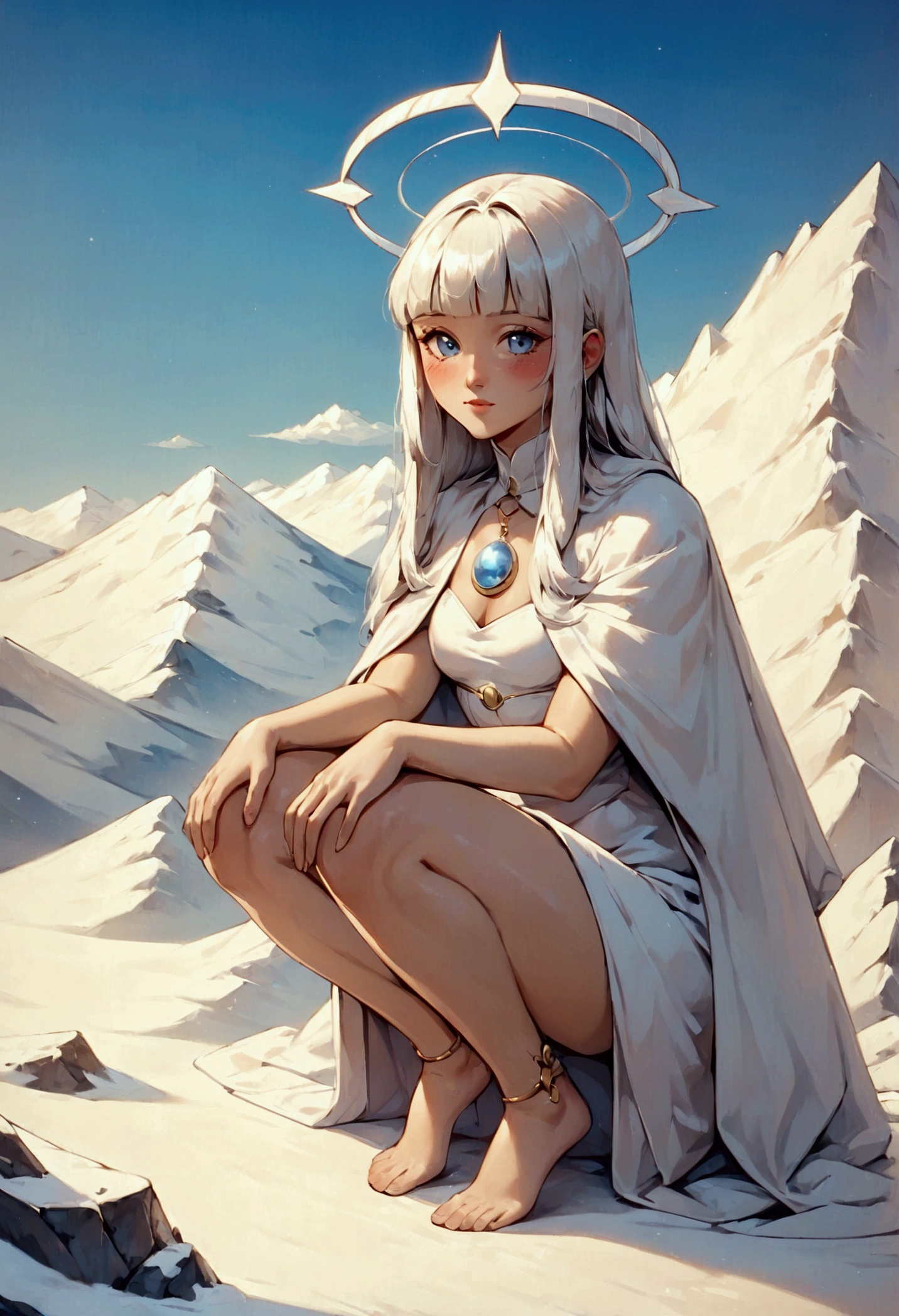 (score_9, score_8_up, score_7_up), zPDXL, 1 girl, alone, looking at viewer, crouching, hands on knees, white cat, mountain background, white hair, blue eyes, full body, long hair, white dress, bright white hair, white halo of light, halo, metallic pendant, blushing cheeks, white cat, mountain with a bit of snow, beautiful girl crouching with a halo of light, retro style, white cape, blunt bangs, white aura,