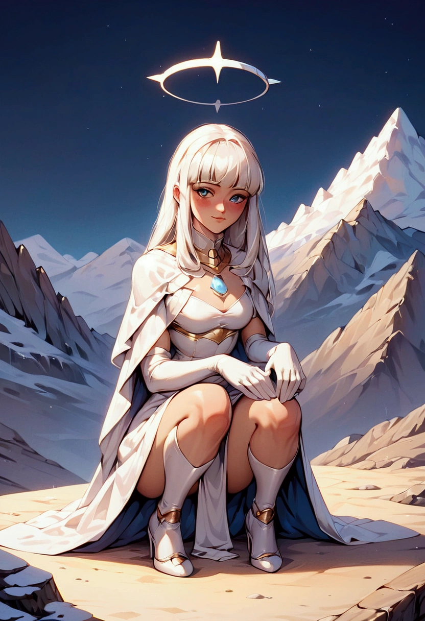 (score_9, score_8_up, score_7_up), zPDXL, 1 girl, alone, looking at viewer, crouching, hands on knees, white cat, mountain background, white hair, blue eyes, full body, long hair, white dress, bright white hair, white halo of light, halo, metallic pendant, blushing cheeks, white cat, mountain with a bit of snow, beautiful girl crouching with a halo of light, retro style, white cape, blunt bangs, white aura,
