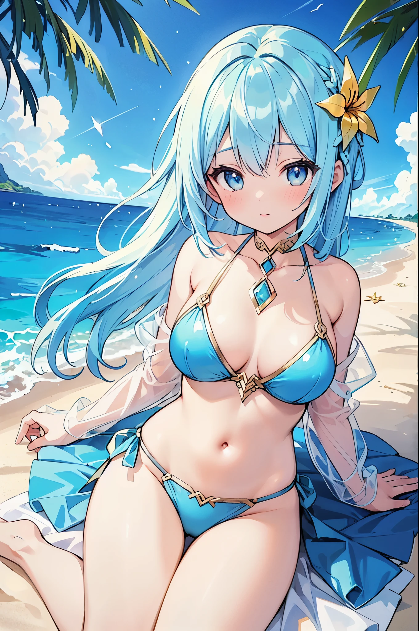 (Highest quality)、((Super detailed))、(Ultra delicate)、Cute  girl、Dazzling bright sky blue hair、Shining Gold and Silver Eyes、Sexy Bikini、Beautiful breasts、Beautiful thighs、Tropical Beach、Top-down view、Looking up