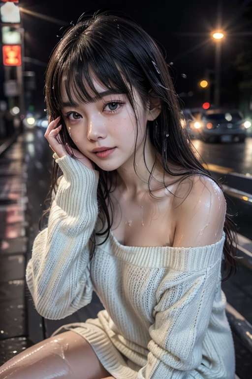 high quality, detailed,a girl with white water drops on her face.she is taking a shower,lots of white water droplets.(at night:2.0),green eyes.she is  japanese bitch gal,standing prostitute,she has a mole under her eye,(smallest breasts),(wearing long sleeve  oversized sweater dress,offshoulder,very very wet thin fabric sweater,),blunt bangs,((bob hair,very wet hair and wet face,shiny face)),((wearing overknee socks)),slender,face up,nipples,temptation,orgasm,(huge smile),
(sitting on the guardrail),(waiting for someone)


(Downtown at night、Big city、A street corner in the red light district at night、crowd street、lots of passersby、)(Angle from the side)