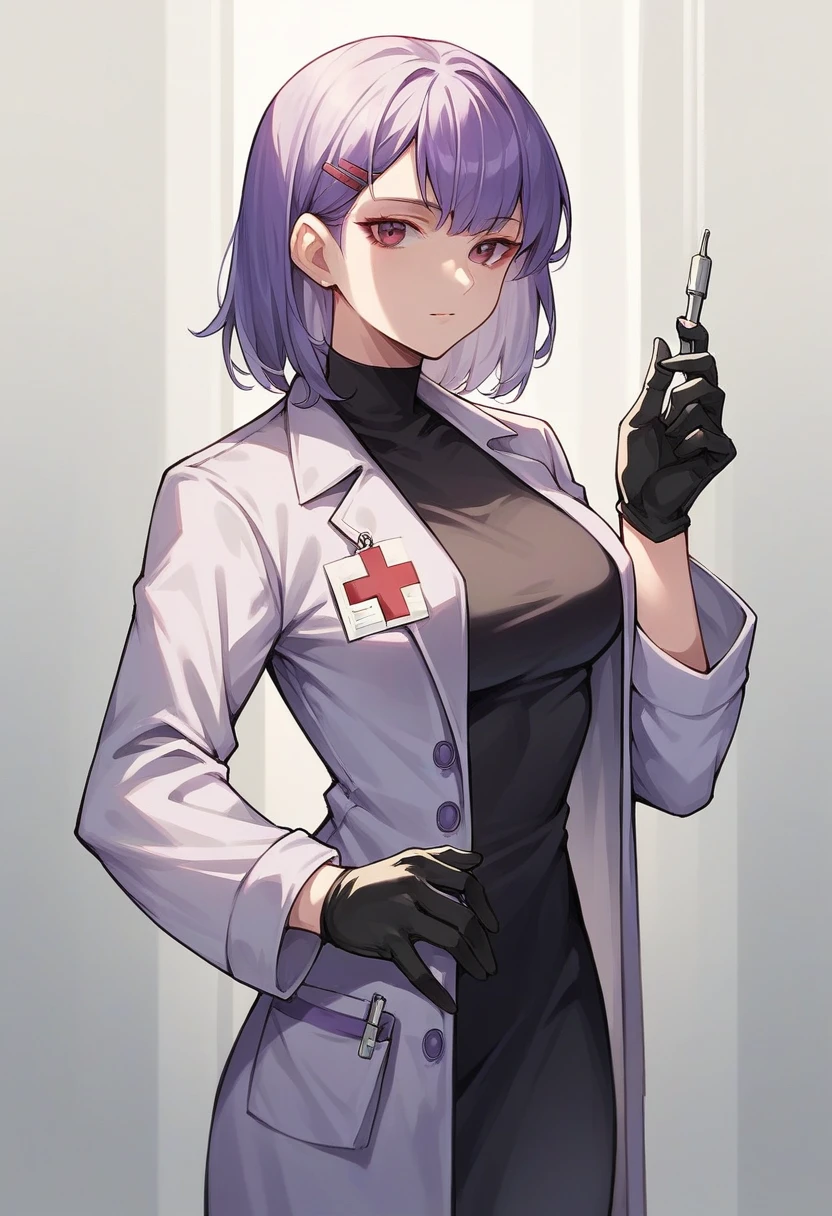 1girl, bangs, ((black medical gloves)), ((((long sleeves)))), looking at viewer, ((purple doctor outfit)), standing, solo