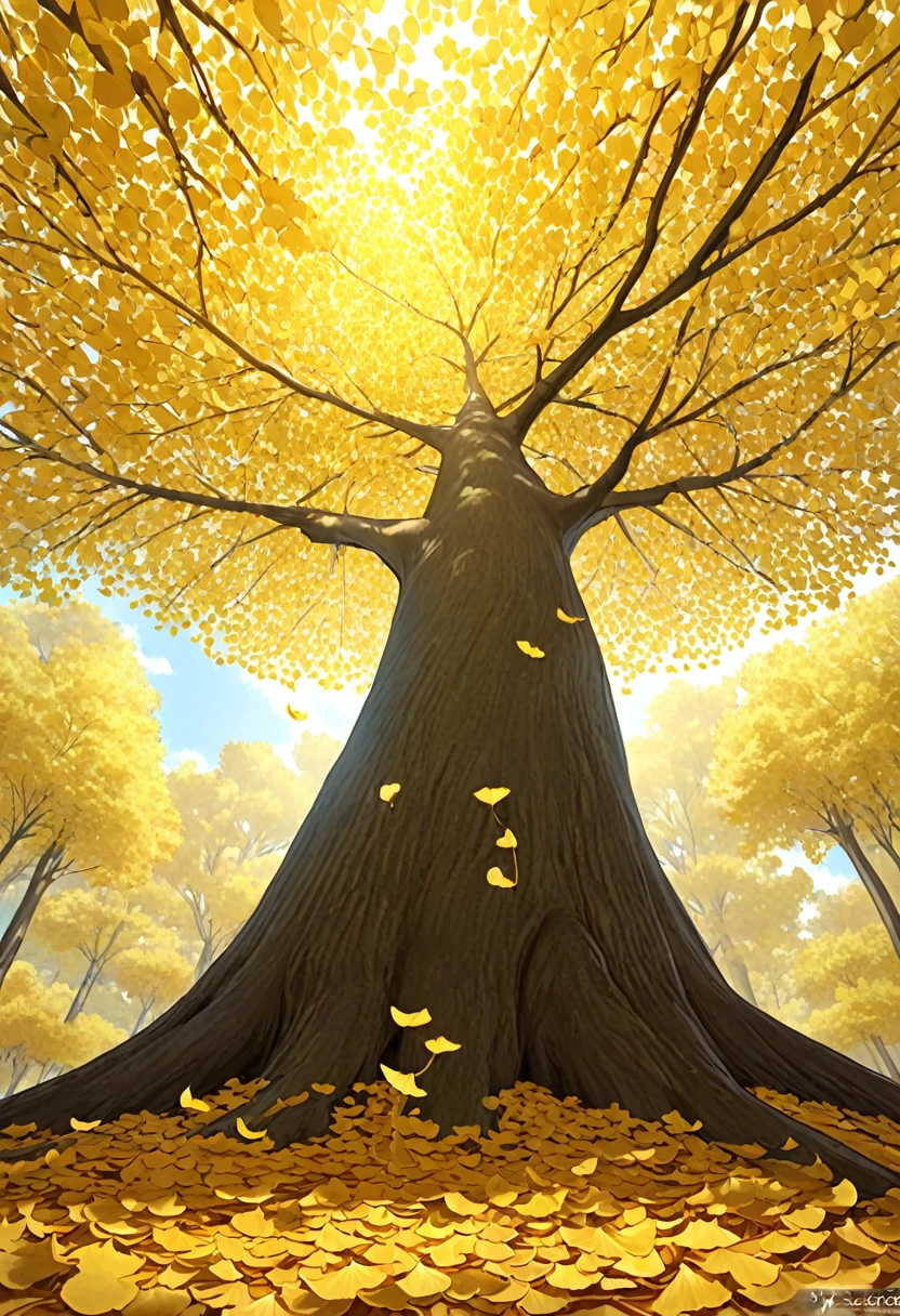 A tall golden ginkgo tree with golden ginkgo leaves on the ground (Clear, bright and high quality) Low-angle shot. Low-angle shot taken from bottom to top.
( Correct and perfect anatomy ) Ultra-detailed animation art and visual effects masters perfectly compose intricately detailed digital art