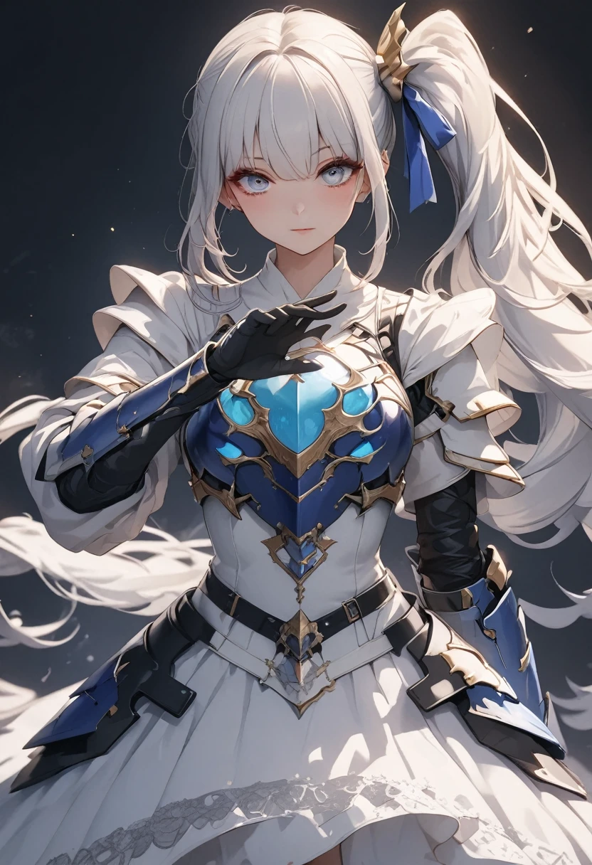 Fraction_9, Fraction_8_Direction_7_up, best quality ,masterpiece, 4K, Japanese Anime, 1 Girl, Blue Hair, (Side Ponytail:1.5), Giant blue ribbon, (Mechanical dragon horn:1.1), (eyelash:1.3), (Eyeshadow:1.3),blue eyes, (Beautiful and delicate eyes:1.4), lol, Height 160cm, Original Characters, fantasy, (black background:1.2), (whole body:1.8), Beautiful fingers, permanent, (Black and white lace ruffled armor dress:1.5),(Venus Accessories:1.5) (Mechanical headgear:1.1) ,Gain, Shooting from the front, Looking at the audience
