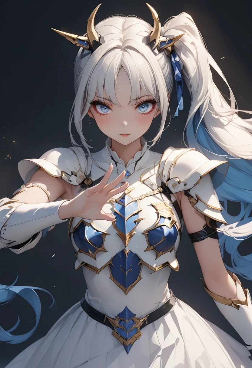 a close up of a woman in a silver and blue dress, chengwei pan on artstation, by Yang J, detailed fantasy art, stunning character art, fanart best artstation, epic exquisite character art, beautiful armor, extremely detailed artgerm, detailed digital anime art, artgerm on artstation pixiv, armor girl, on hands and knees, facing the viewers