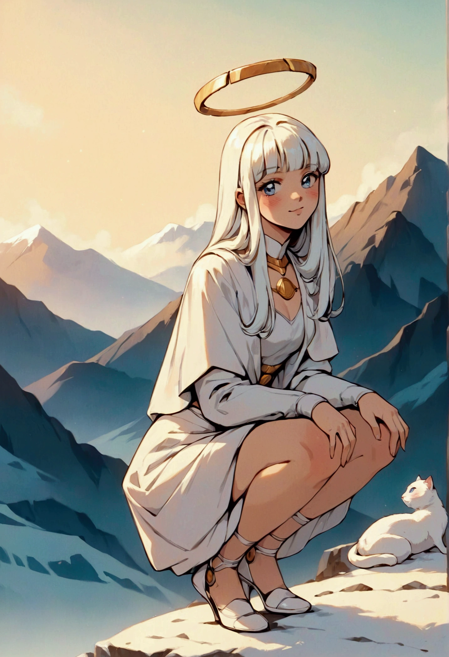 (score_9, score_8_up, score_7_up), zPDXL, 1 girl, alone, looking at viewer, crouching, hands on knees, white cat, mountain background, white hair, blue eyes, full body, long hair, white dress, bright white hair, white halo of light, halo, metallic pendant, blushing cheeks, white cat, mountain with a bit of snow, beautiful girl crouching with a halo of light, retro style, white cape, blunt bangs, white aura,