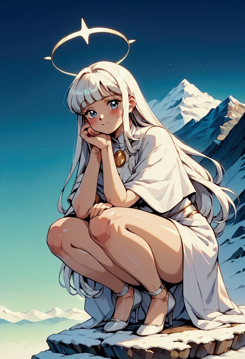 (score_9, score_8_up, score_7_up), zPDXL, 1 girl, alone, looking at viewer, crouching, hands on knees, white cat, mountain background, white hair, blue eyes, full body, long hair, white dress, bright white hair, white halo of light, halo, metallic pendant, blushing cheeks, white cat, mountain with a bit of snow, beautiful girl crouching with a halo of light, retro style, white cape, blunt bangs, white aura,