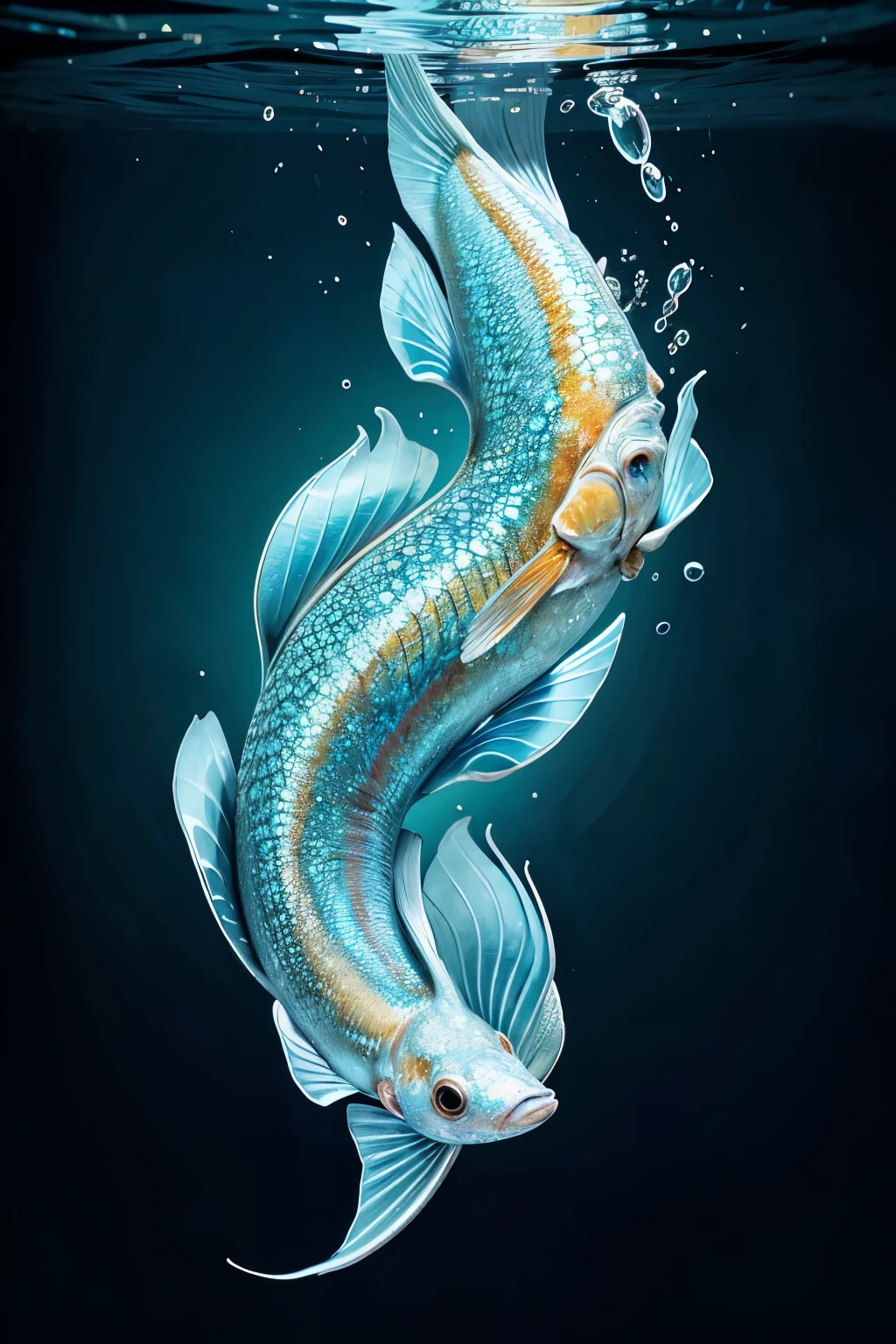(Hyper-realistic) Fish Sculpture, (Illustration) of a Fish, (High Resolution) Detail in Fish Scales, (8K) Fish in Crystal Clear Water, (Highly Detailed) Fish Anatomy, (Best Illustration) of a Golden Fish, (Beautifully Detailed) Fish Eyes, (Top-Quality) Depiction of Fish Gills, (Ultra-Detailed) Fish Swim Bladder, (Masterpiece) Aquatic Artwork, (Wallpaper) for an Aquarium, (Detailed) Fish Fin Structures, (Independent) Swimming Fish, (One Fish) in a
