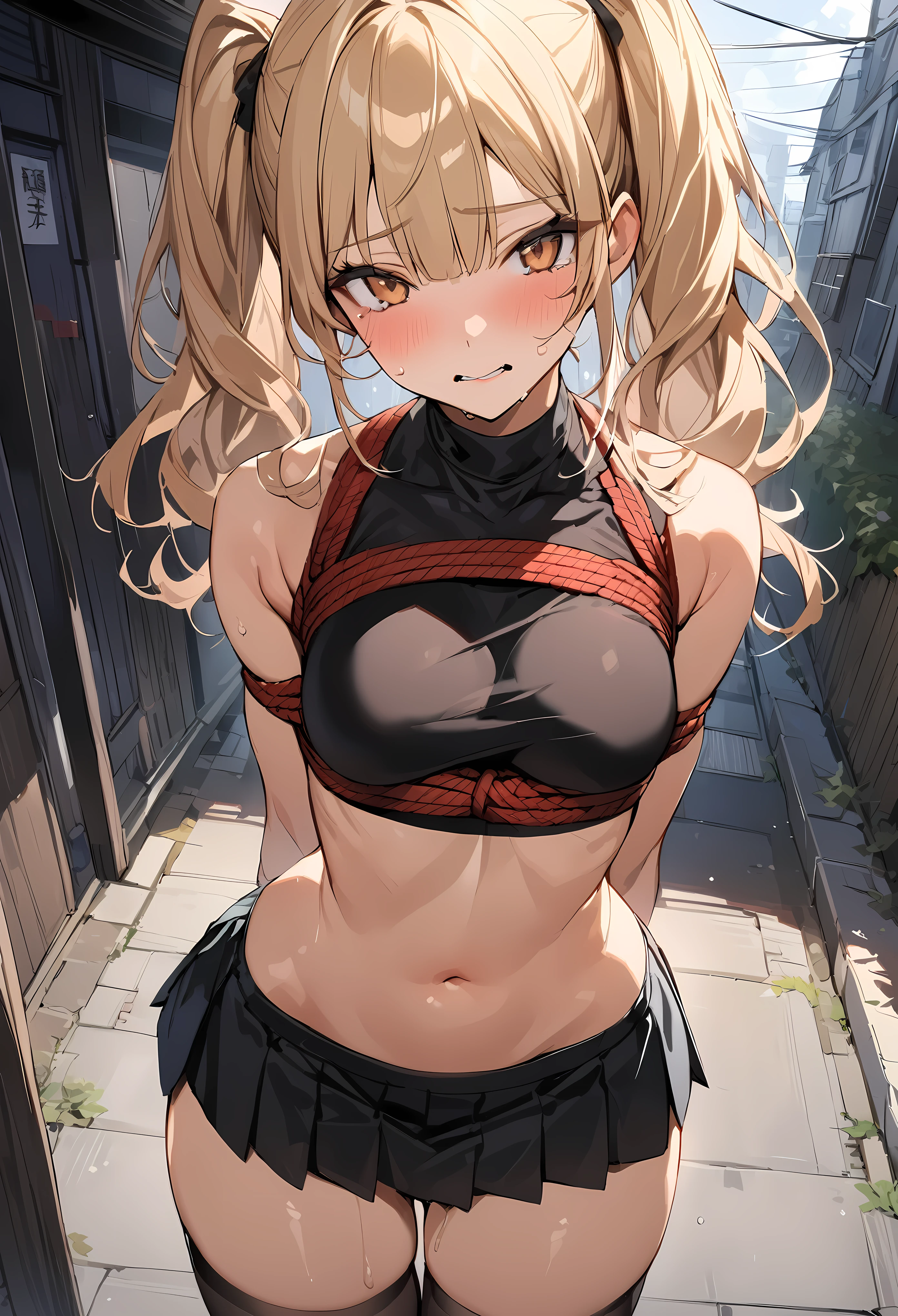 ((masterpiece,best quality anime,Highest quality:1.3)),cowboy shot,(Mature Beauty),Female Wizard、solo,1woman,((very small head:1.3)),((ideal ratio body proportions:1.2)),blonde hair,high twin tails,straight long hair,bangs,gorgeous eyes,brown eyes,shy,tears,(shibari over clothes,hemp rope、Black sleeveless、turtleneck、navel、Black pleated mini skirt),black_thighhighs,((slender body,skinny,toned body)),medium breasts,gleaming skin,shiny skin,sweat:1.3,arms behind back,Back Alley、shibuya、Tokyo、BDSM,nsfw,