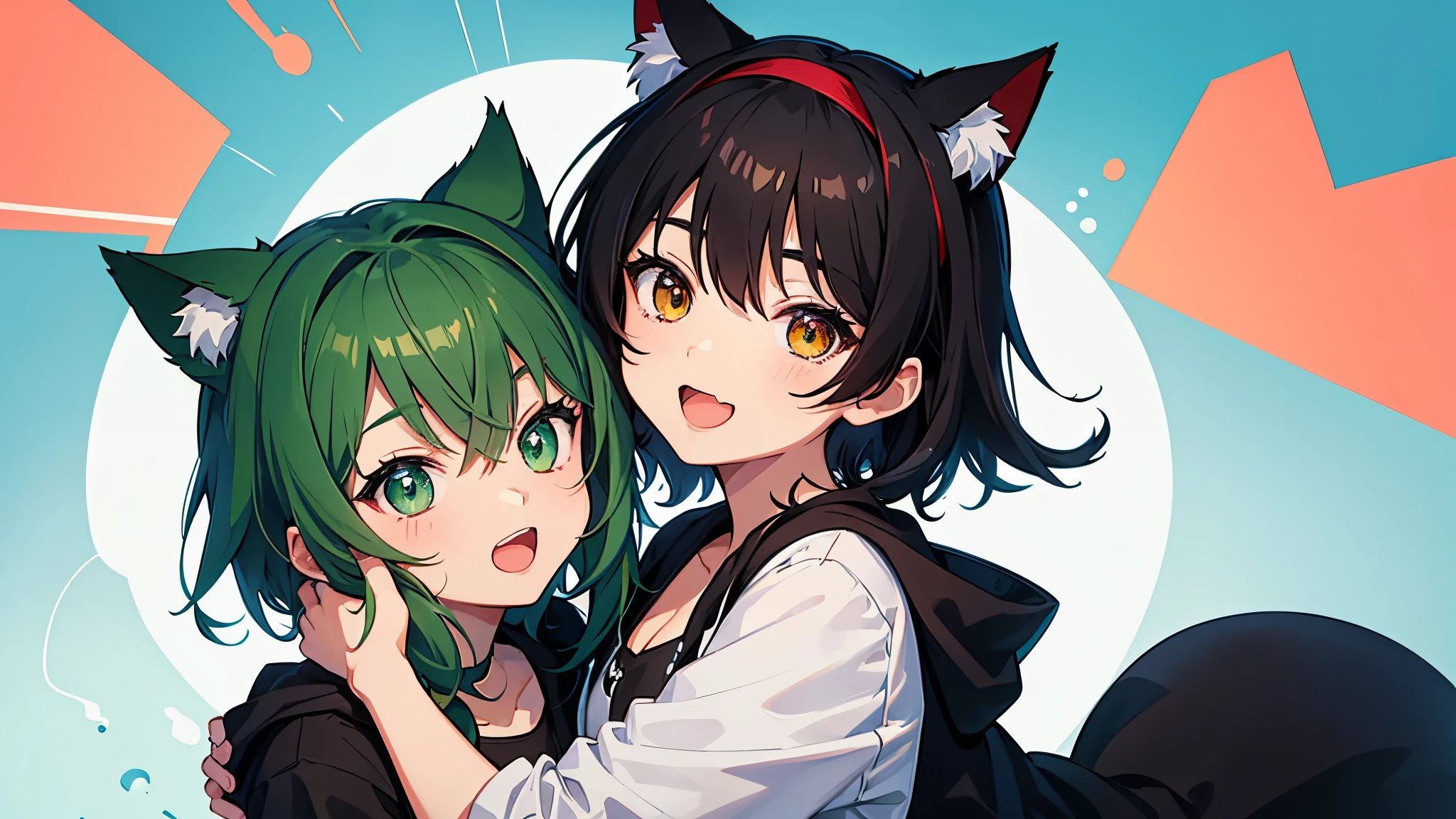 Create an anime-style illustration of a cute character with short black hair and green eyes。The character is wearing a black hoodie and a cat ear headband.、The headband has a small red bow。The character is holding a stuffed cat.、The overall feel is playful.。The facial expression shows surprise and joy.、It emphasizes the overall cute and lively atmosphere.。