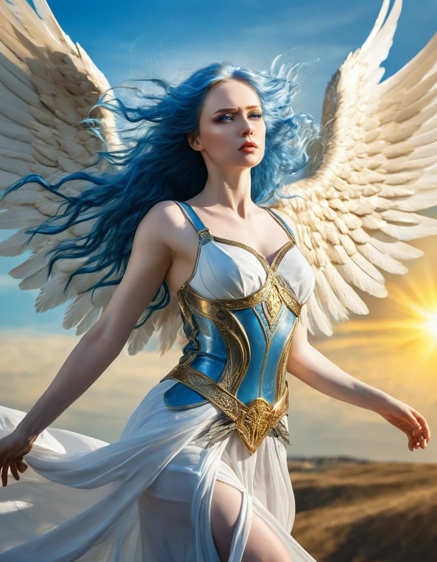 A woman angel with wings . Pale skin ,blue eyes ,blue hair flying in the wind . This angel flies with outstretched wings towards a golden sun! She has a sad and angry look ! And I insist she flies! On an unknown land ! Fantastic image . Proud posture,sexy and strong , sword raised to the sky!