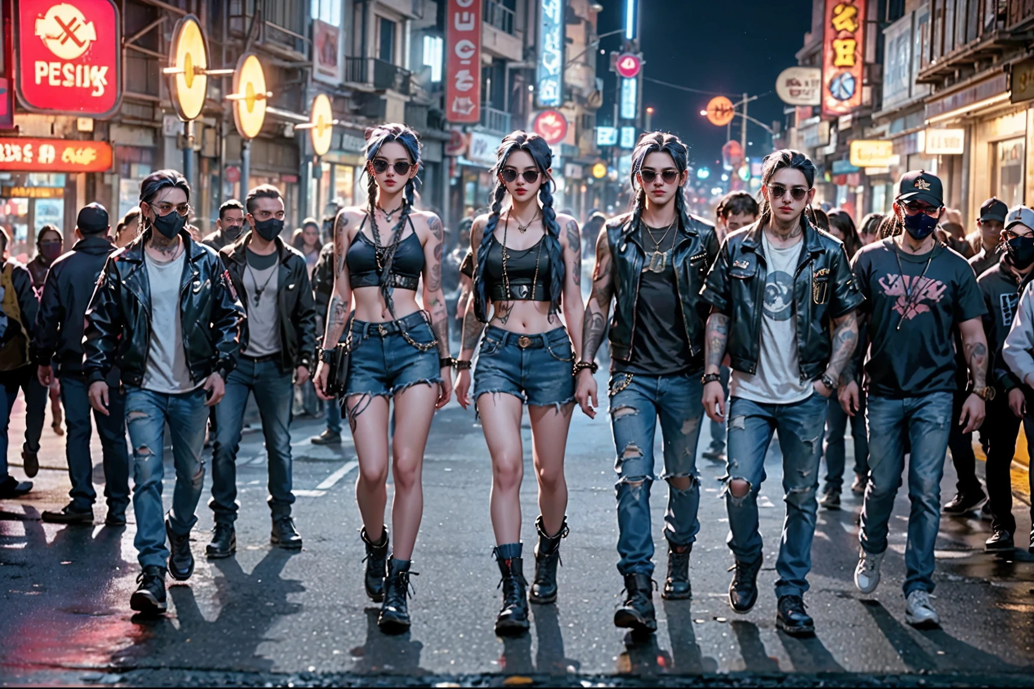 Young pretty woman, long blue braided hair, punk style, dark round sunglasses, tattoos on arms and chest, walking in a lit city street at night. High resolution real photo. She walks on the far left, there is a space to the right where she is not. Wide shot.