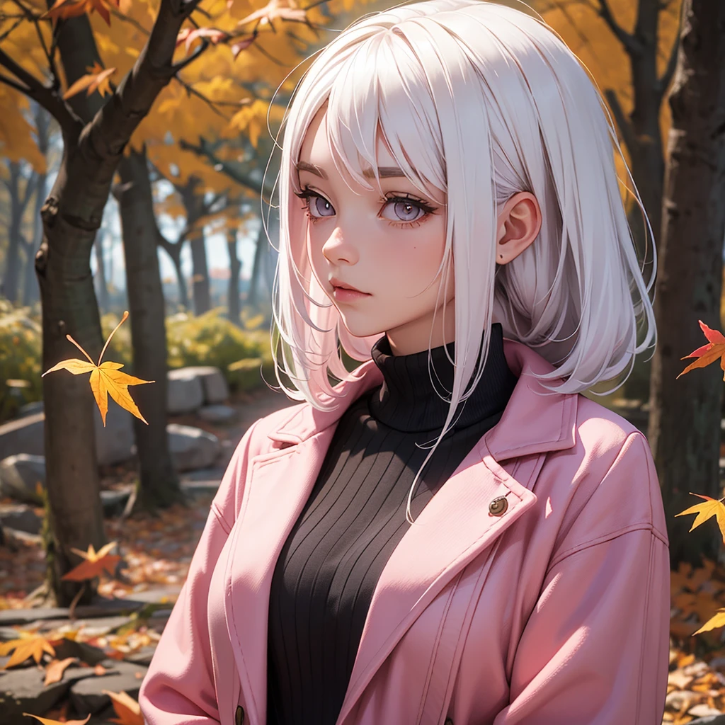 foreground, alone, beautiful girl with white hair with pink highlights and is dressed with autumn clothes