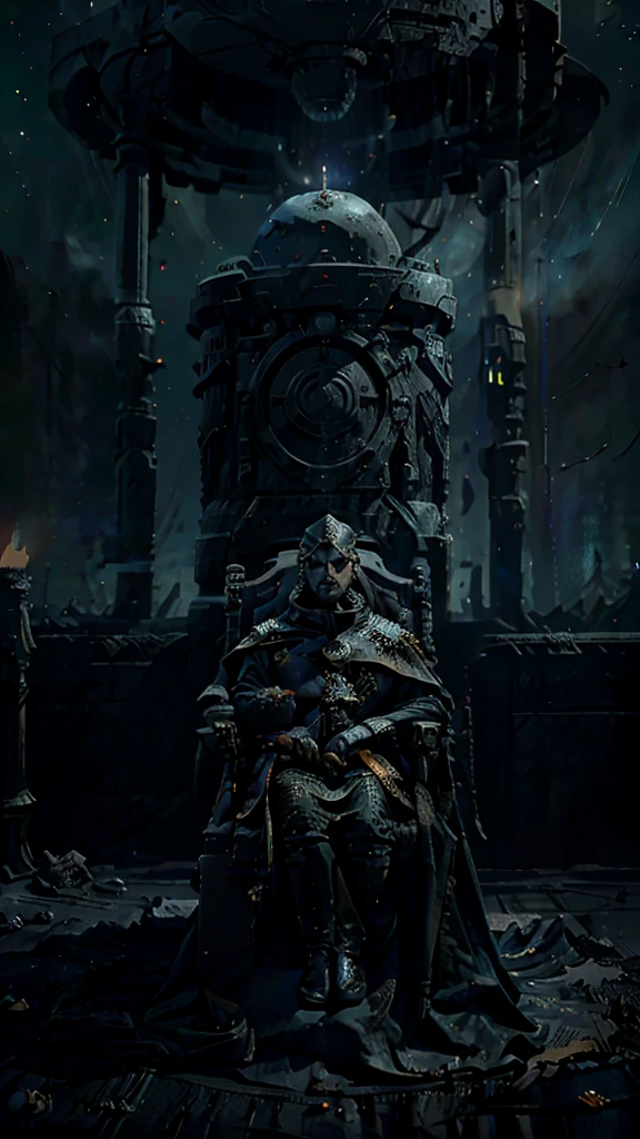 Emperor Kael Vyrin, leader of the Empire of Silence, an enigmatic and calculating ruler willing to do anything to preserve order, wearing dark ceremonial armor adorned with insignia of ancient victories and a cape symbolizing his supreme authority, in a futuristic sci-fi setting on the throne of an imperial command room, background of an imposing space fortress surrounded by stars, lit candlesticks and nebulae, Hyperrealistic style, photorealistic and cinematic, in the radius of 916.
