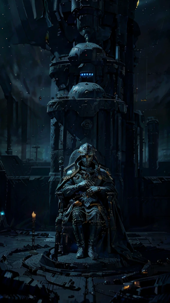 Emperor Kael Vyrin, leader of the Empire of Silence, an enigmatic and calculating ruler willing to do anything to preserve order, wearing dark ceremonial armor adorned with insignia of ancient victories and a cape symbolizing his supreme authority, in a futuristic sci-fi setting on the throne of an imperial command room, background of an imposing space fortress surrounded by stars, lit candlesticks and nebulae, Hyperrealistic style, photorealistic and cinematic, in the radius of 916.