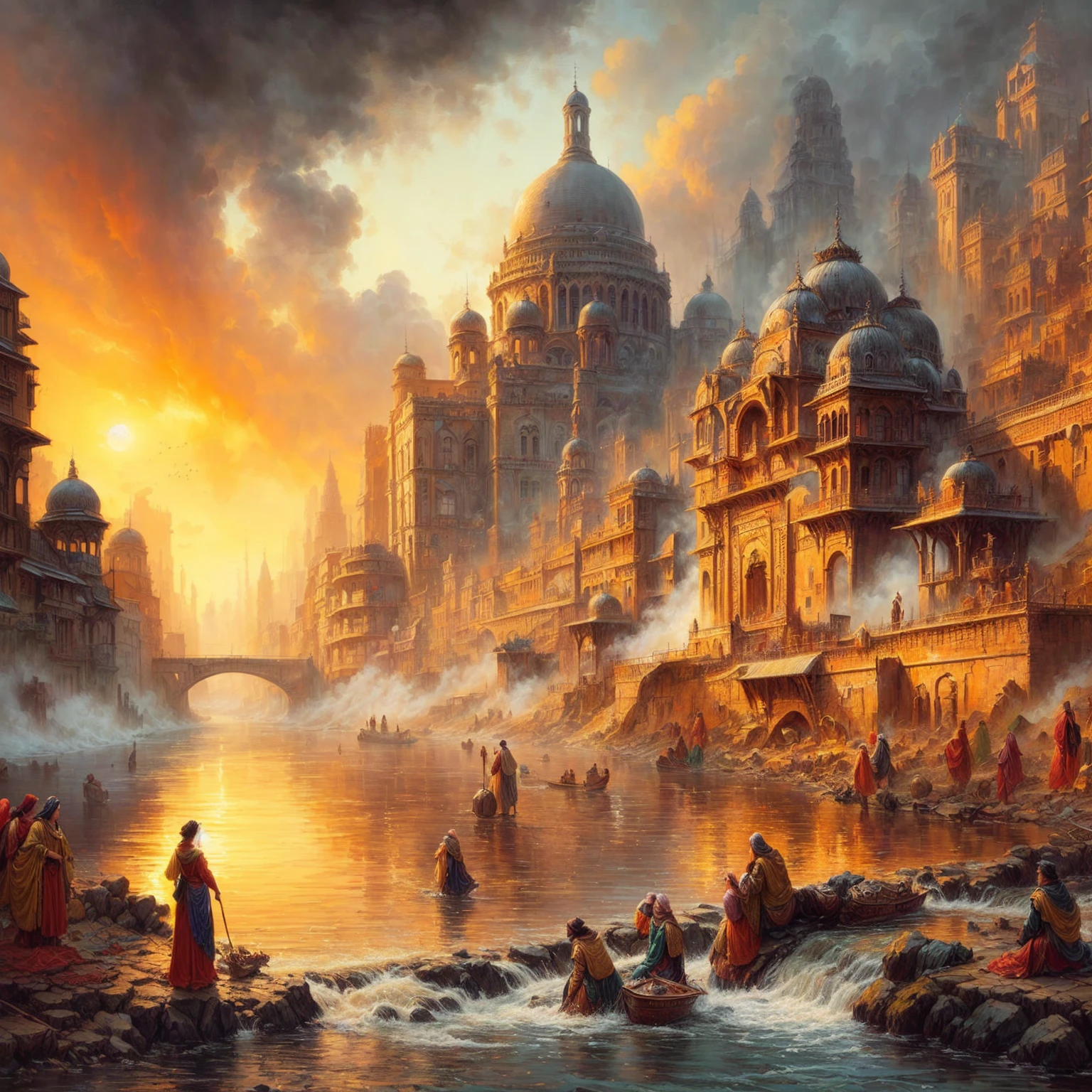 painting of a city with a river and a bridge with people in it, by Johfra Bosschart, inspired by Kerembeyit, an ancient city on fire, marc simonetti. intricate, by Kerembeyit, beautiful art uhd 4 k, 4k highly detailed digital art, beautiful oil matte painting, highly detailed fantasy art