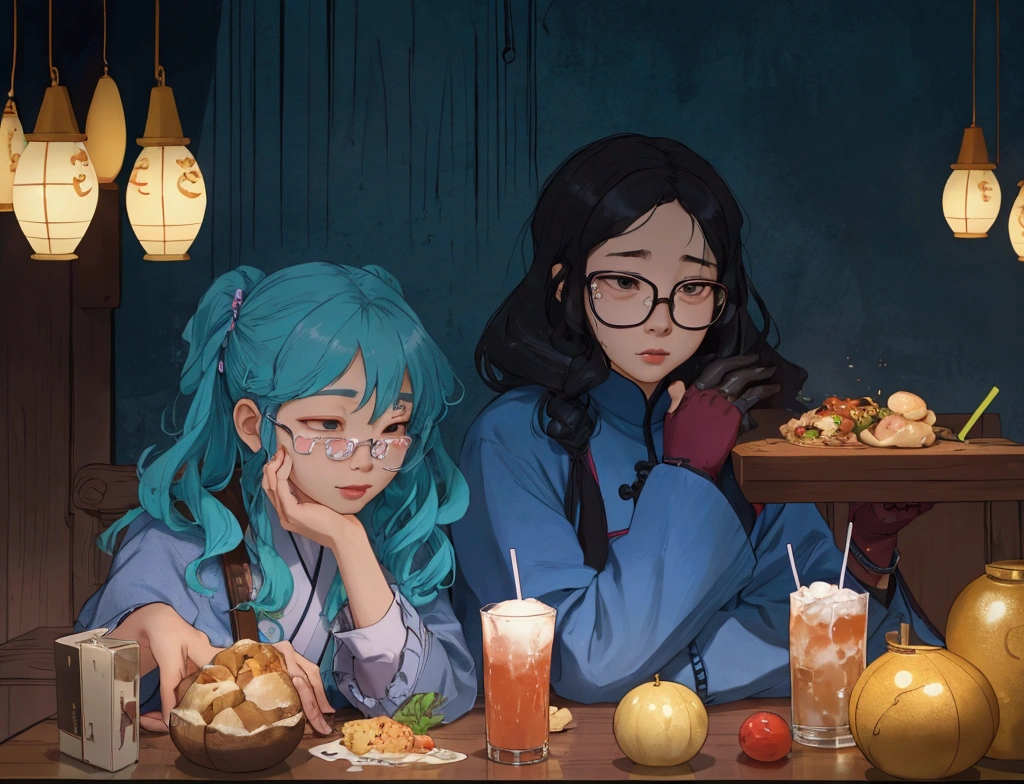 There were three people sitting at a table,Food and drinks on the table, student, 用户photo, 2 people, kda and sam, photo, Very very low quality image, 彩色photo, By Kim Jeong-hui, Ruan Jia and Fenghua Zhong, Nicholas and Sakimchan, Filmed in the early 2020s