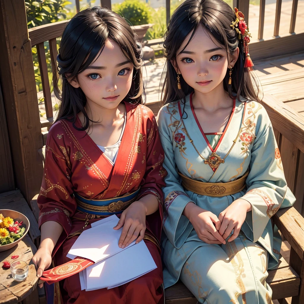 (1girl), 13 year old, sun-kissed skin, vibrant traditional ethnic costume with intricate embroidery, sitting on old wooden chair, embroidering, smiling, (best quality,4k,8k,highres,masterpiece:1.2),ultra-detailed,(realistic,photorealistic,photo-realistic:1.37),portrait,detailed face,beautiful detailed eyes,beautiful detailed lips,extremely detailed eyes and face,longeyelashes,warm lighting,vibrant colors,soft focus,detailed clothing,traditional culture