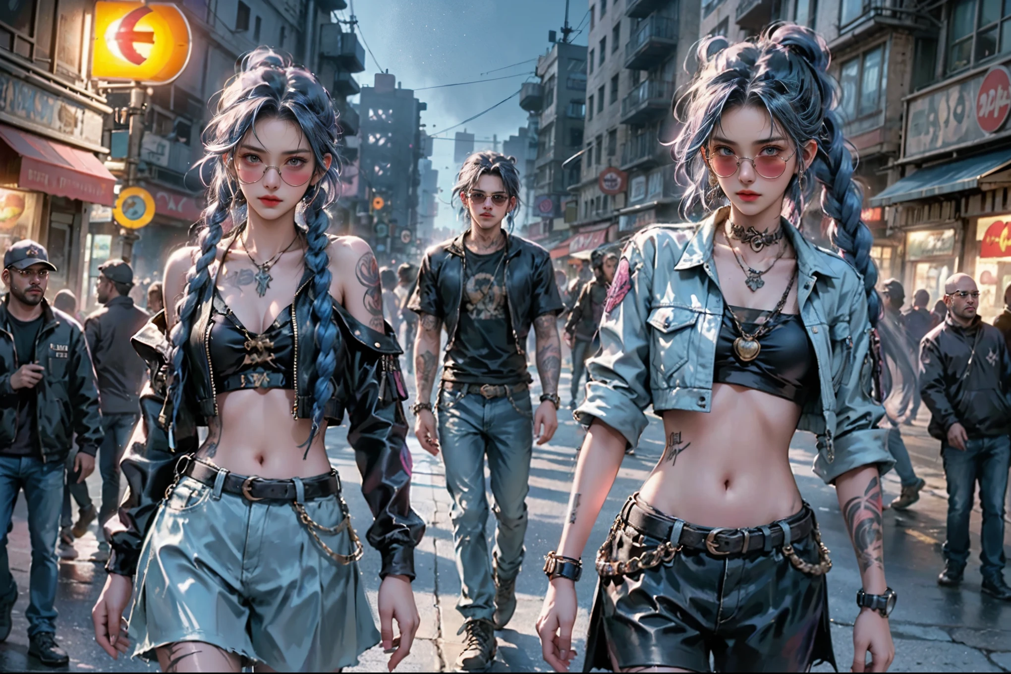 Young pretty woman, long blue braided hair, punk style, dark round sunglasses, tattoos on arms and chest, walking in a lit city street at night. High resolution real photo. She walks on the far left, there is a space to the right where she is not. Wide shot.