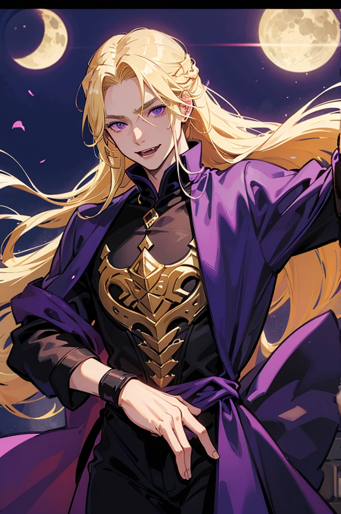 man, male, blonde hair, long hair, purple eyes, fangs, fantasy wear, vampire,
