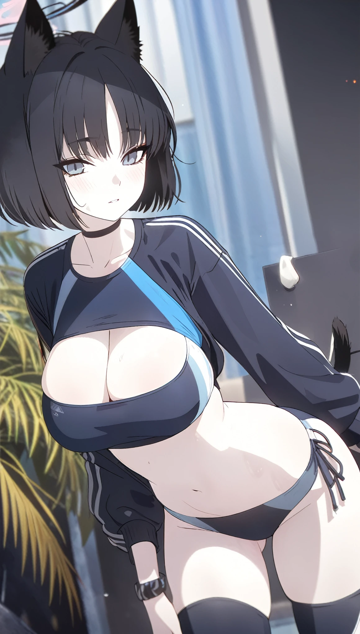 (8k, 4k, Masterpiece, Ultra quality, Ultra detail, HDR, Brighter colors), (1girl, cat ears, Kiryuu Kikyou (Blue Archive), pale skin, Black eyeliner, Black hair, short bobcut, bangs, breasts, (Sporty-swimsuit, thigh highs), plain background, standing