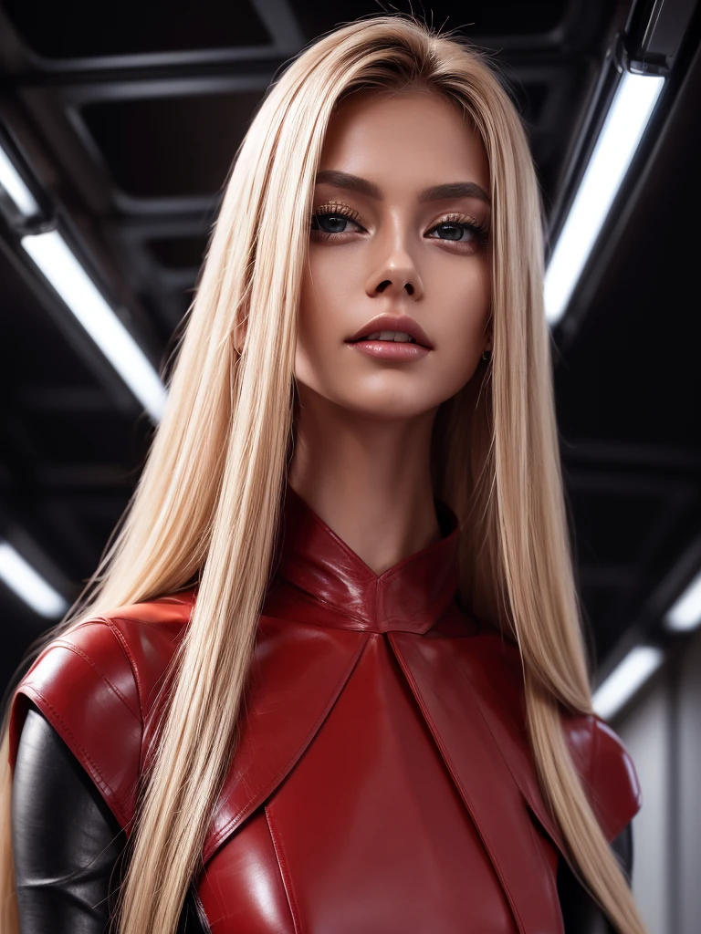 Cristy Ren with long blonde hair as an elite fashion model, high fashion hairstyle, perfect eyes, high arched eyebrows, (elegant red leather dress with black trim:1.3), (opera length gloves:1.3), backlight on hair, shallow depth of field, facing the camera, hi-res, 8k, cinematic light, smile, executive office, private space
